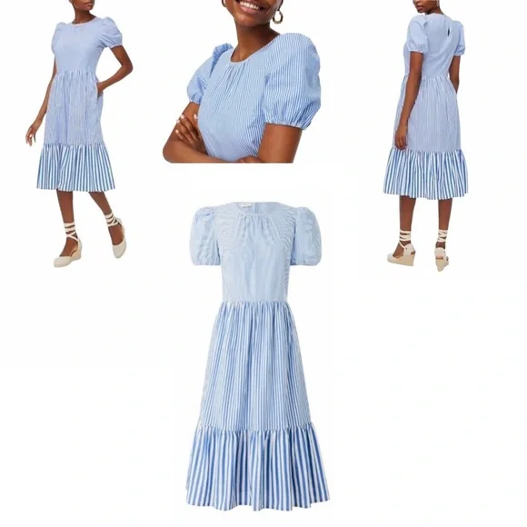 J. Crew Poplin Puff Sleeve Blue Striped Tiered Midi Ruffle Dress Size 4 GUC! - Picture 6 of 16